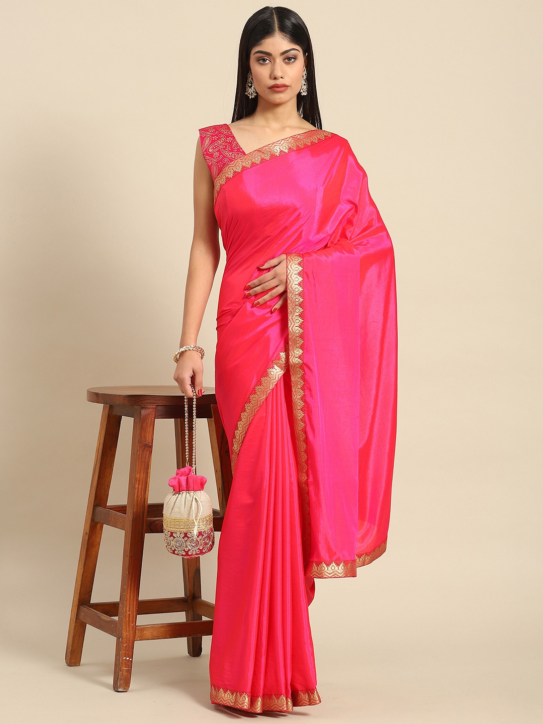 

KALINI Solid Zari Designer Saree, Pink
