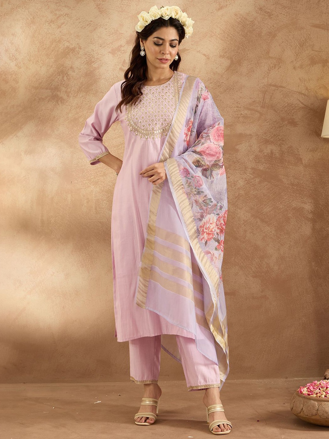 

Indo Era Women Floral Embroidered Sequinned Liva Kurta with Trousers & With Dupatta, Lavender