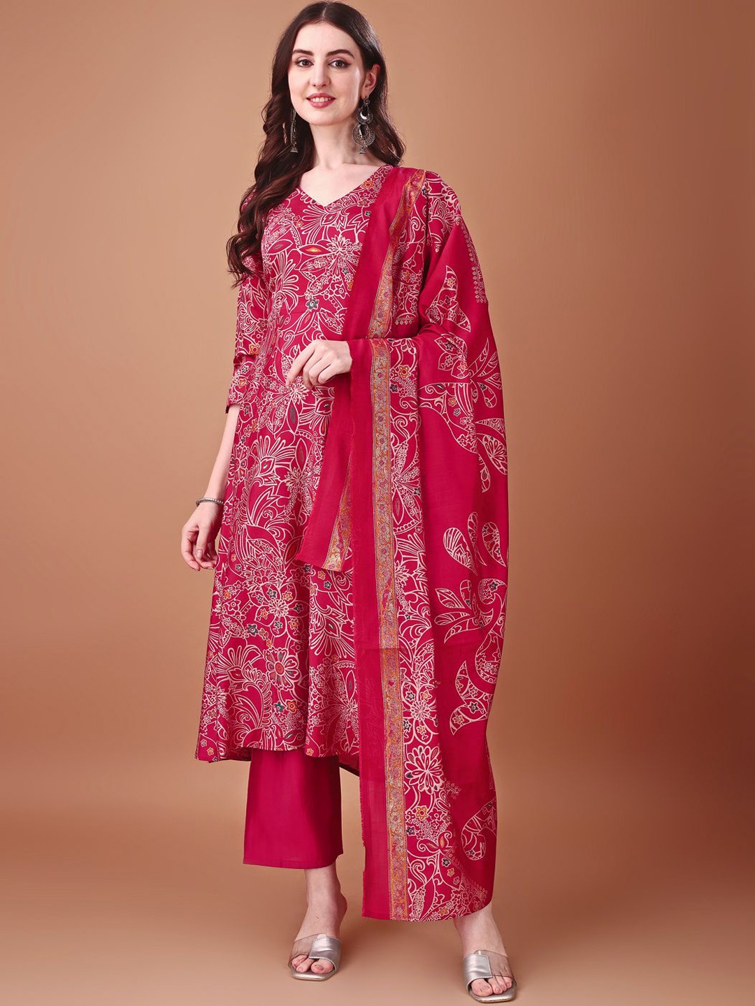 

KALINI Floral Printed Regular Anarkali Kurta with Palazzos & Dupatta, Pink