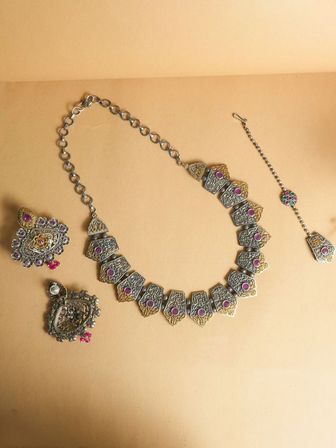 

VIRAASI Oxidised Stone-Studded Jewellery Set, Silver