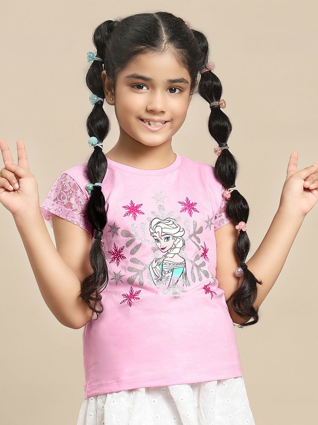 

Kids Ville Girls Frozen Graphic Printed Pure Cotton Tshirt, Pink