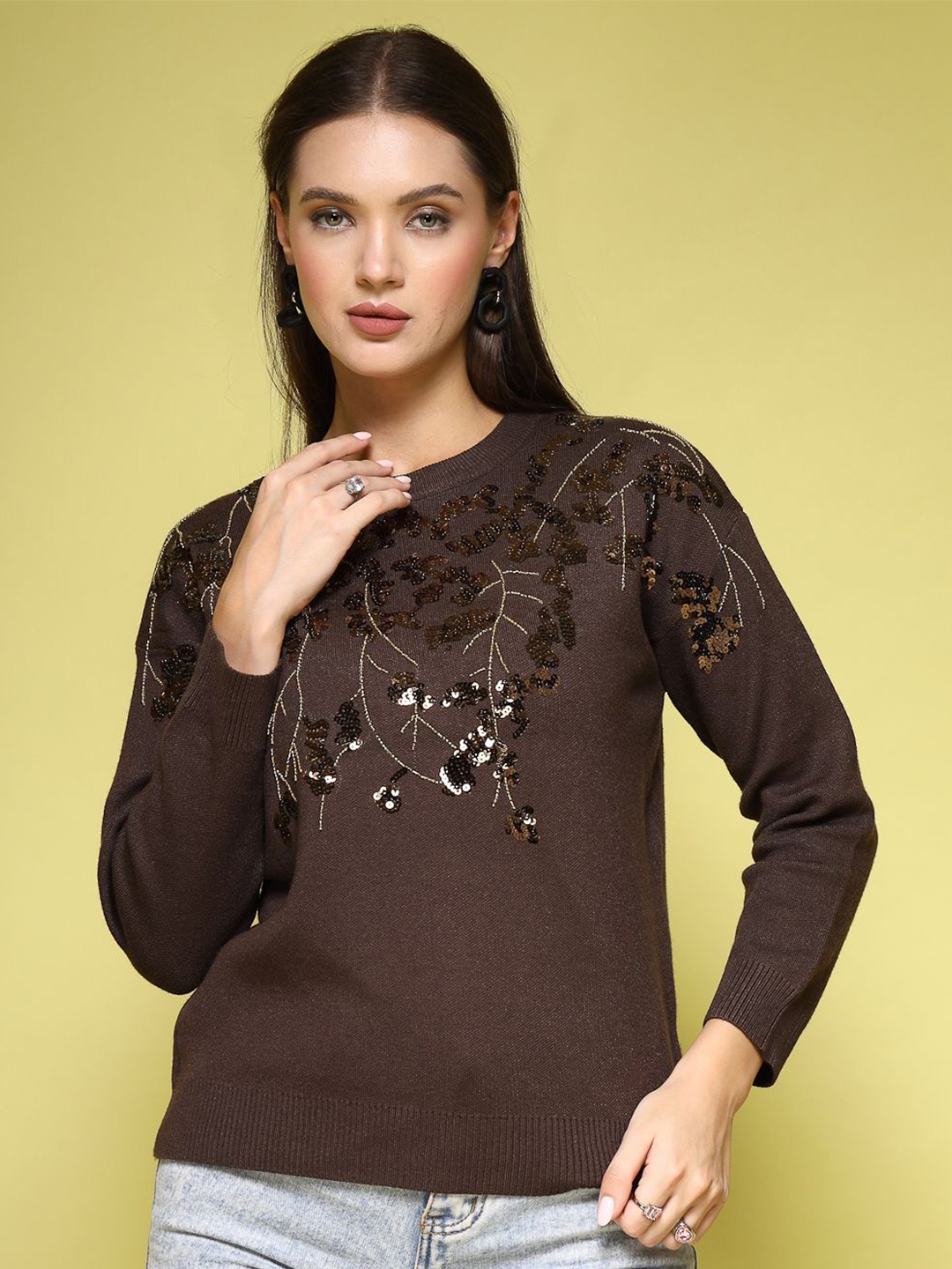 

Mafadeny Women Floral Embellished Sweater, Brown