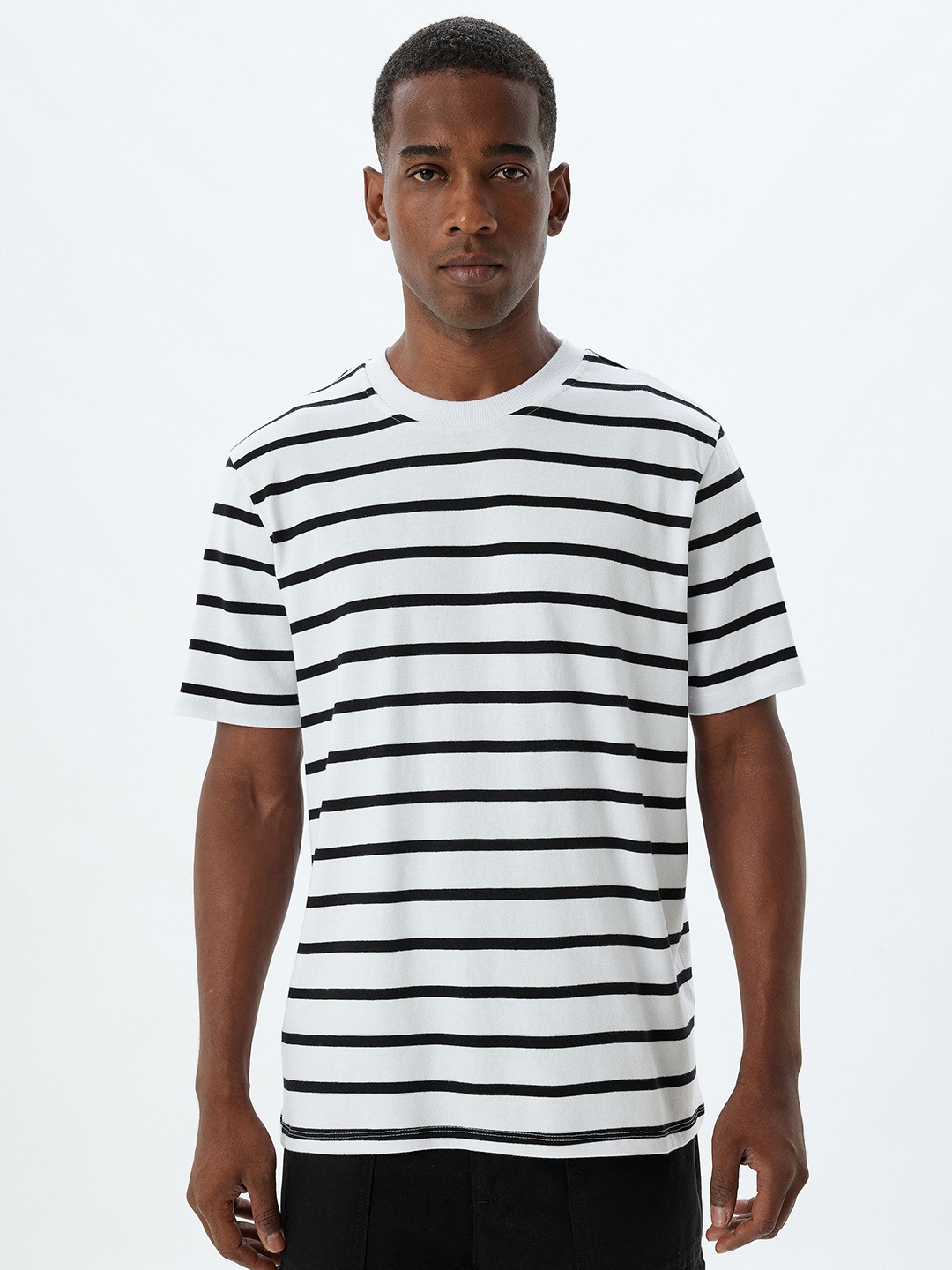 

Koton Men Striped Round Neck Cotton T-shirt, White