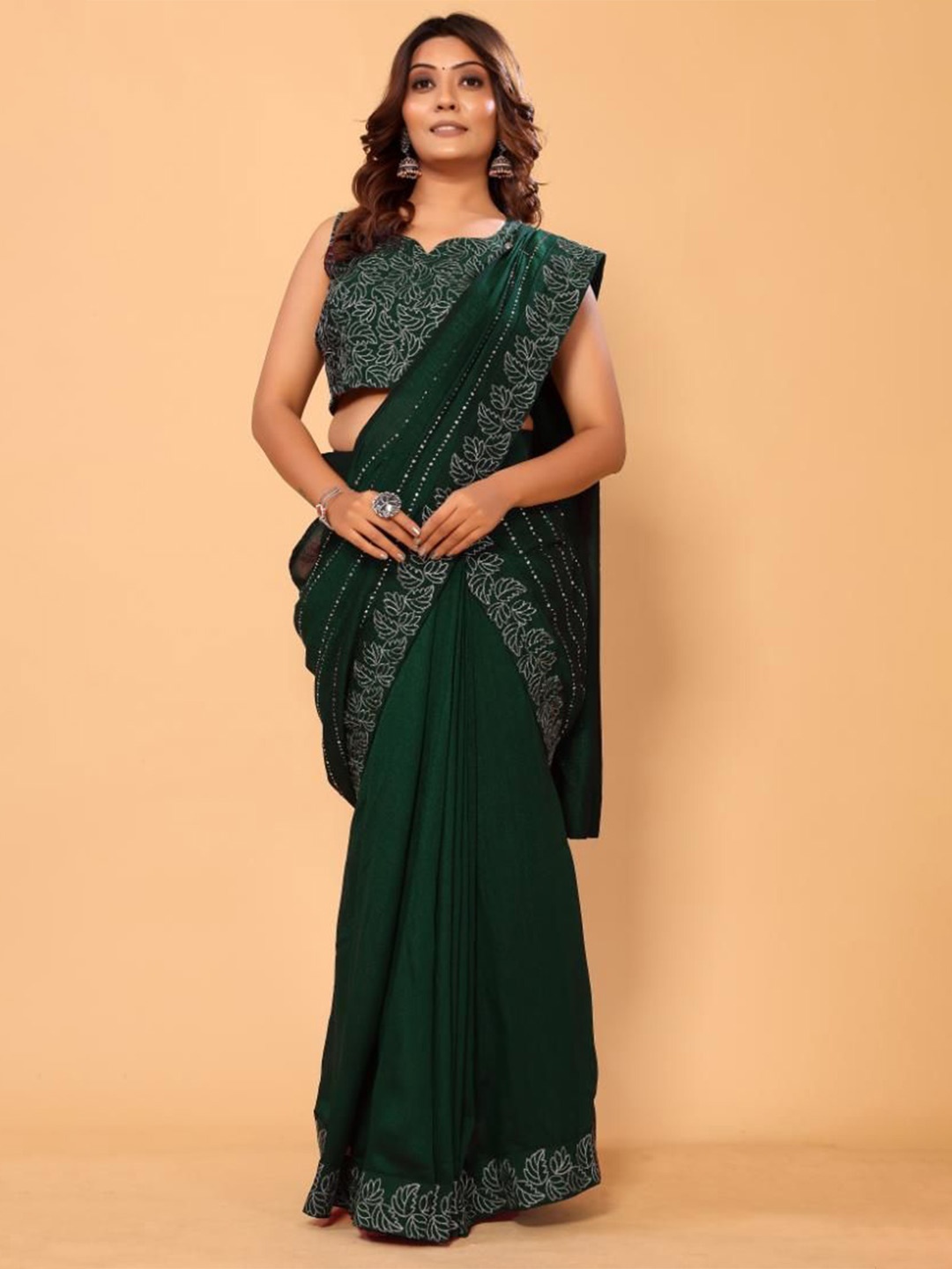 

PATLANI STYLE Floral Embroidered Silk Blend Ready to Wear Saree, Green