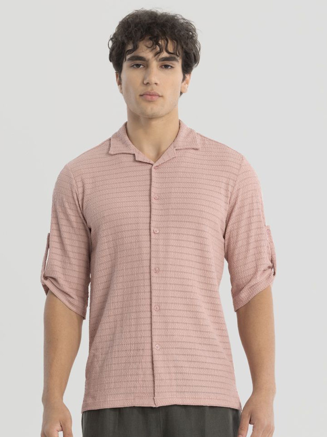 

Snitch Men Comfort Cuban Collar Solid Boxy Casual Shirt, Mauve