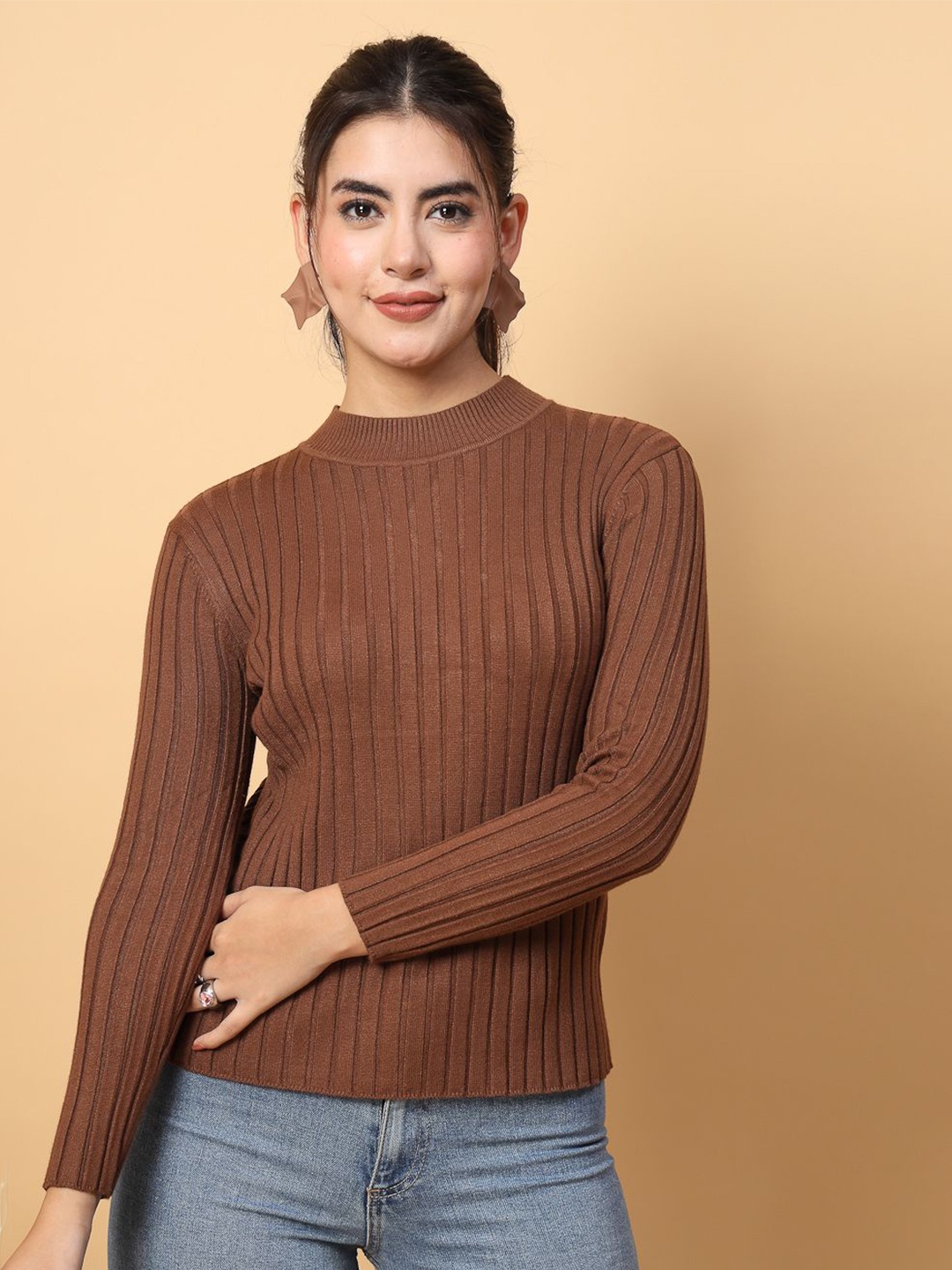 

Mafadeny Women Self Design Round Neck Sweaters, Brown