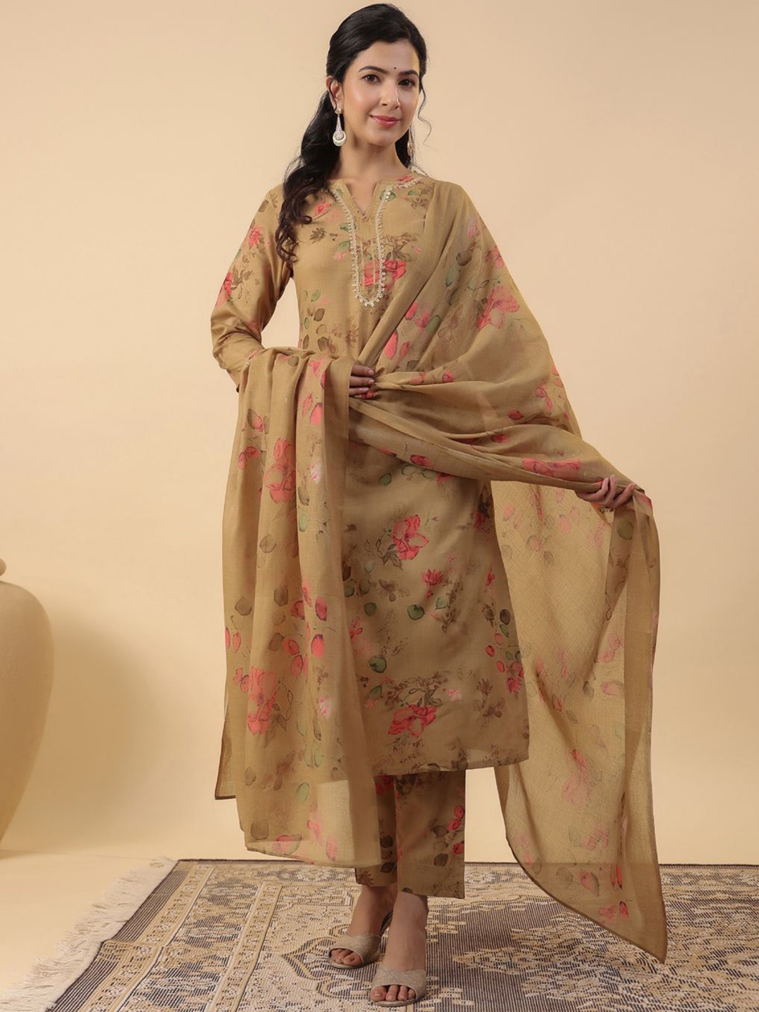 

KALINI Women Floral Printed Kurta with Trousers & With Dupatta, Beige