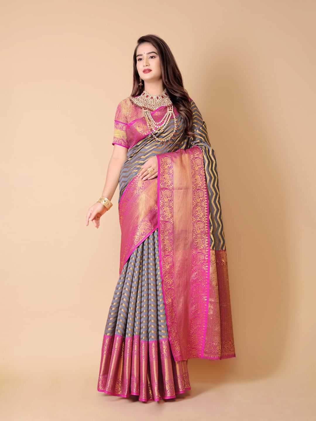 

JAY FASHION Woven Design Striped Zari Banarasi Saree, Grey