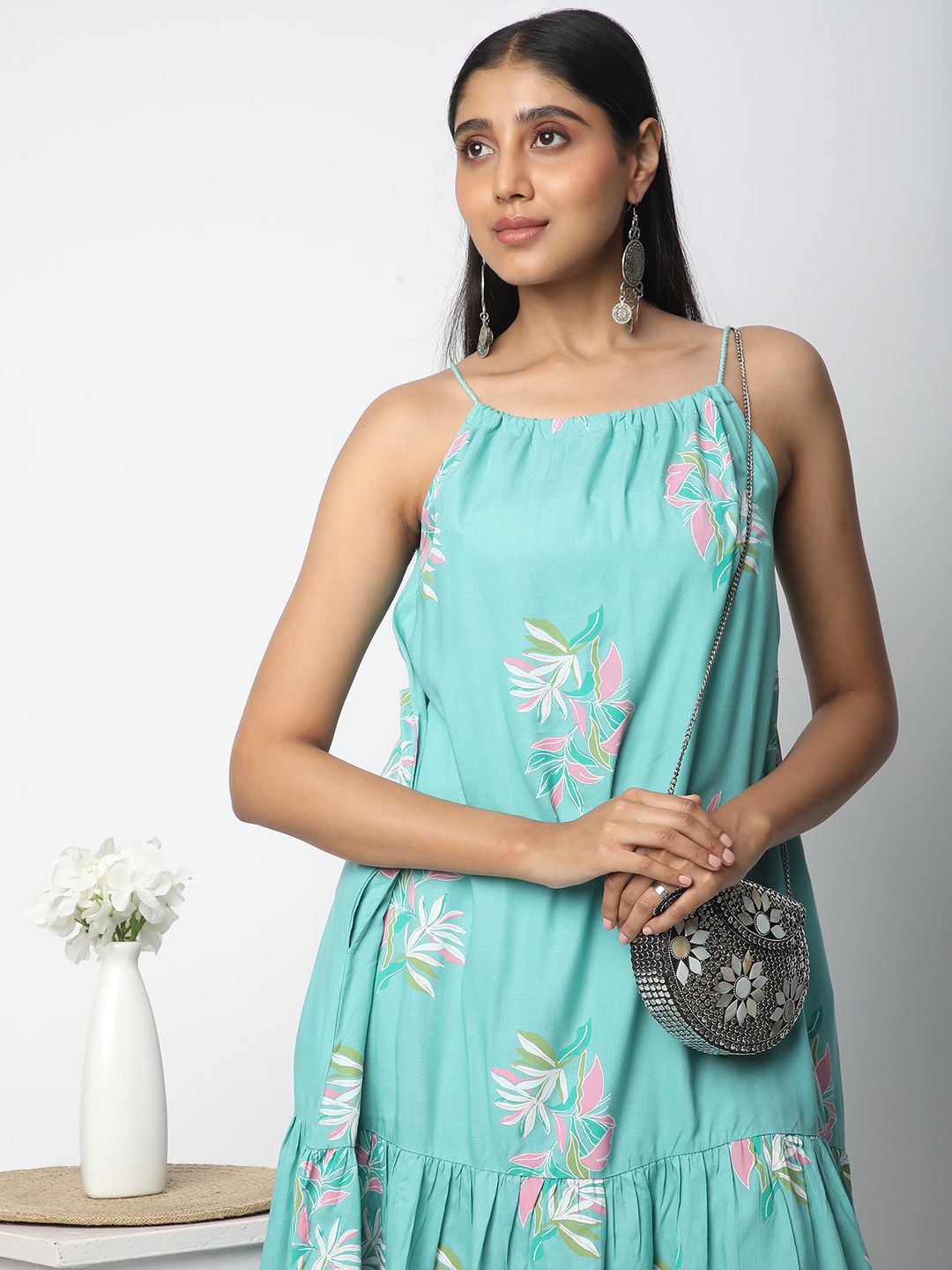 

R&B Women Shoulder Straps Tropical Print Gathered or Pleated A-Line Midi Dress, Blue