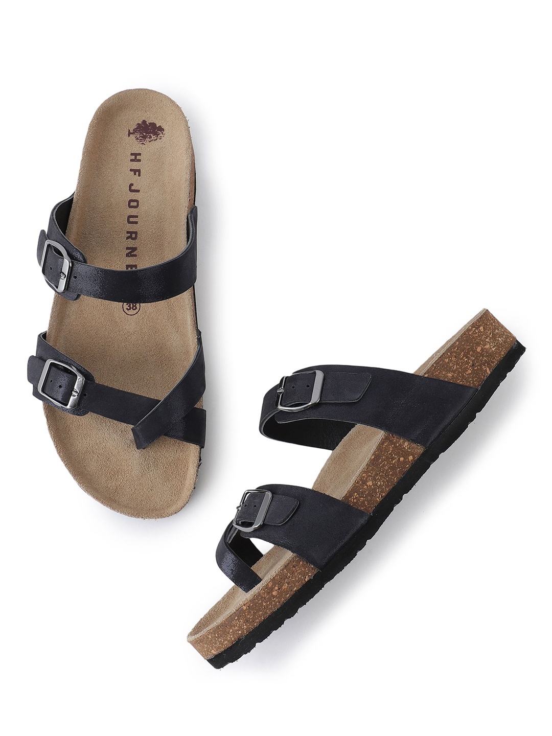 

HF JOURNEY Women Tri-Strap Comfort Cork Sandals, Navy blue