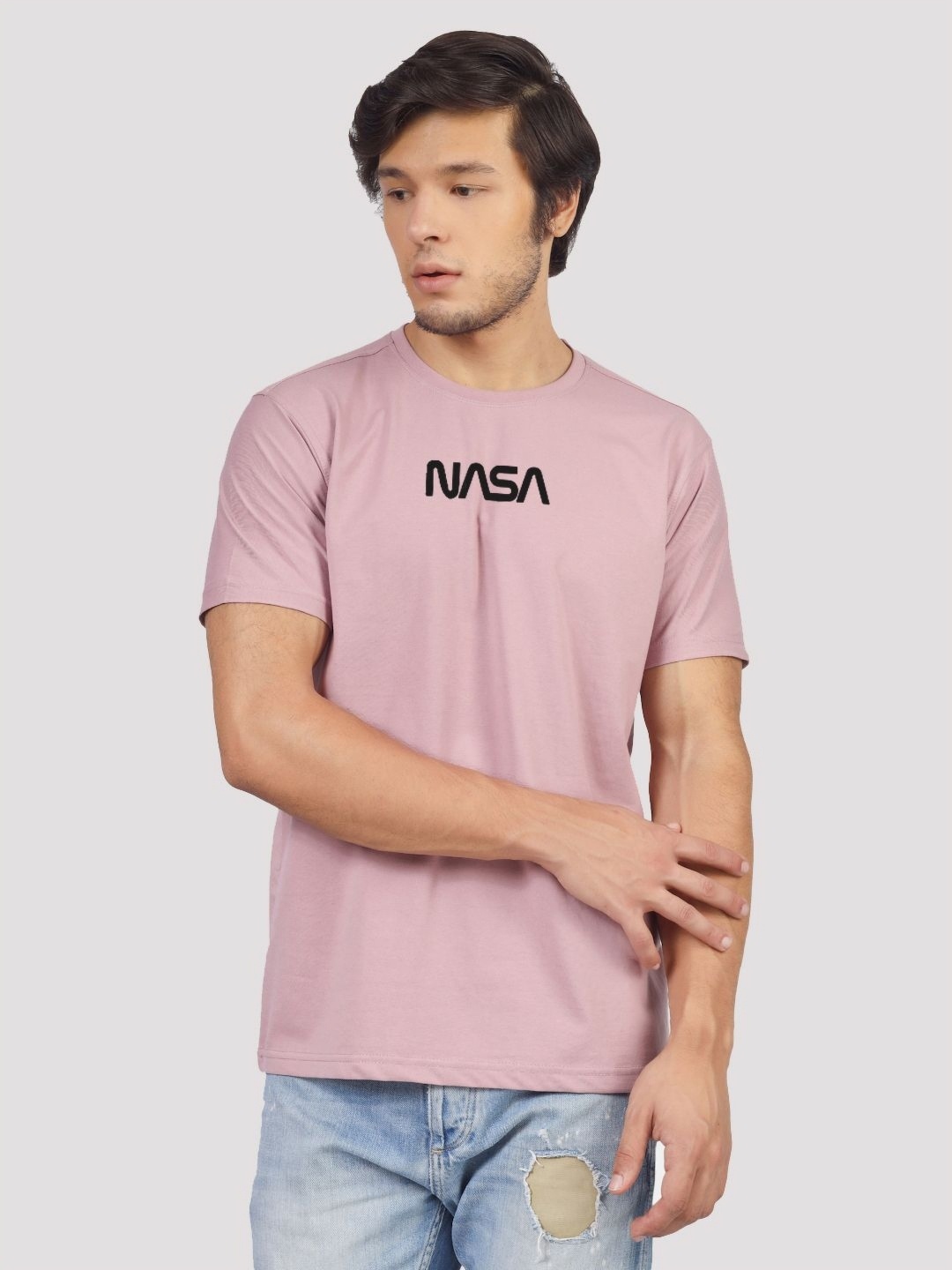 

Greylongg Men Graphic Printed Round Neck Cotton T-shirt, Peach