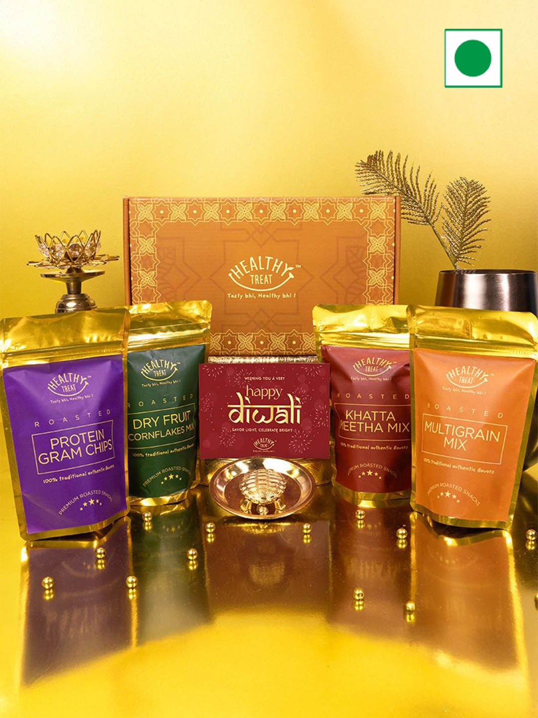 

Healthy Treat Set Of 6 Roasted Snacks With Vastu Turtle & Greeting Card, Orange