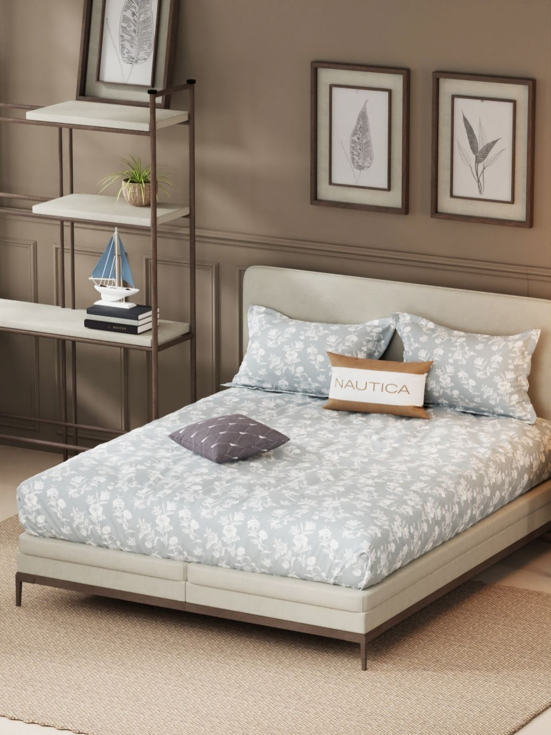 

Nautica Grey & White Printed Satin Cotton 210 TC King Bedsheet with 2 Pillow Covers