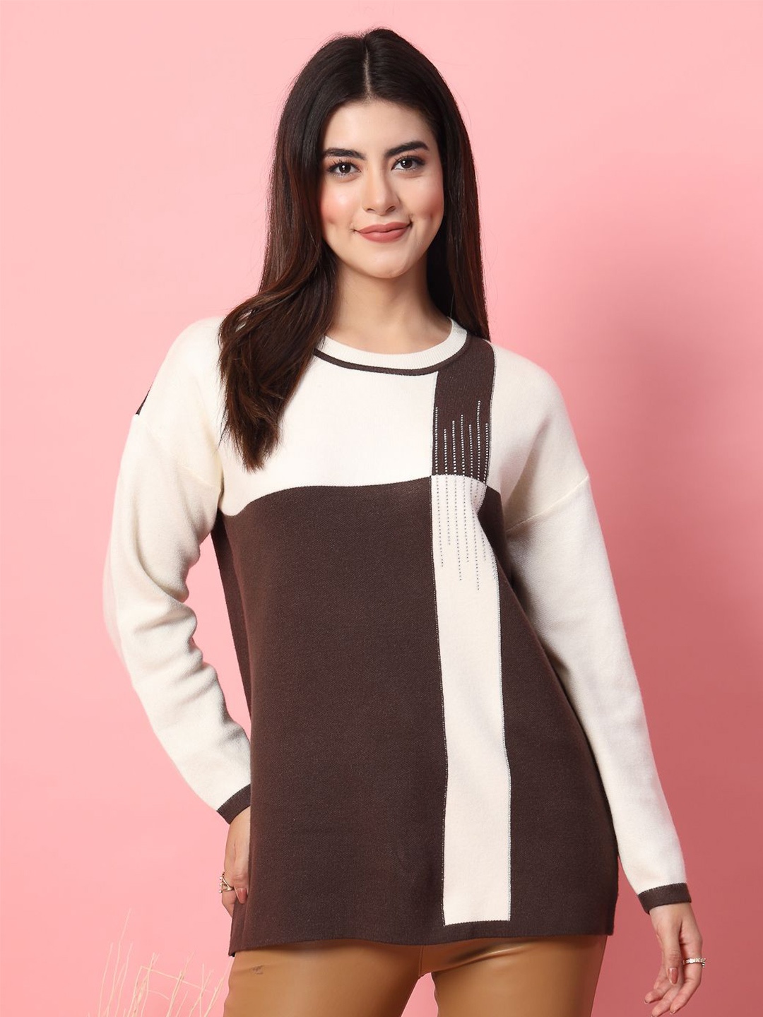 

Mafadeny Women Colourblocked Round Neck Top, Coffee brown