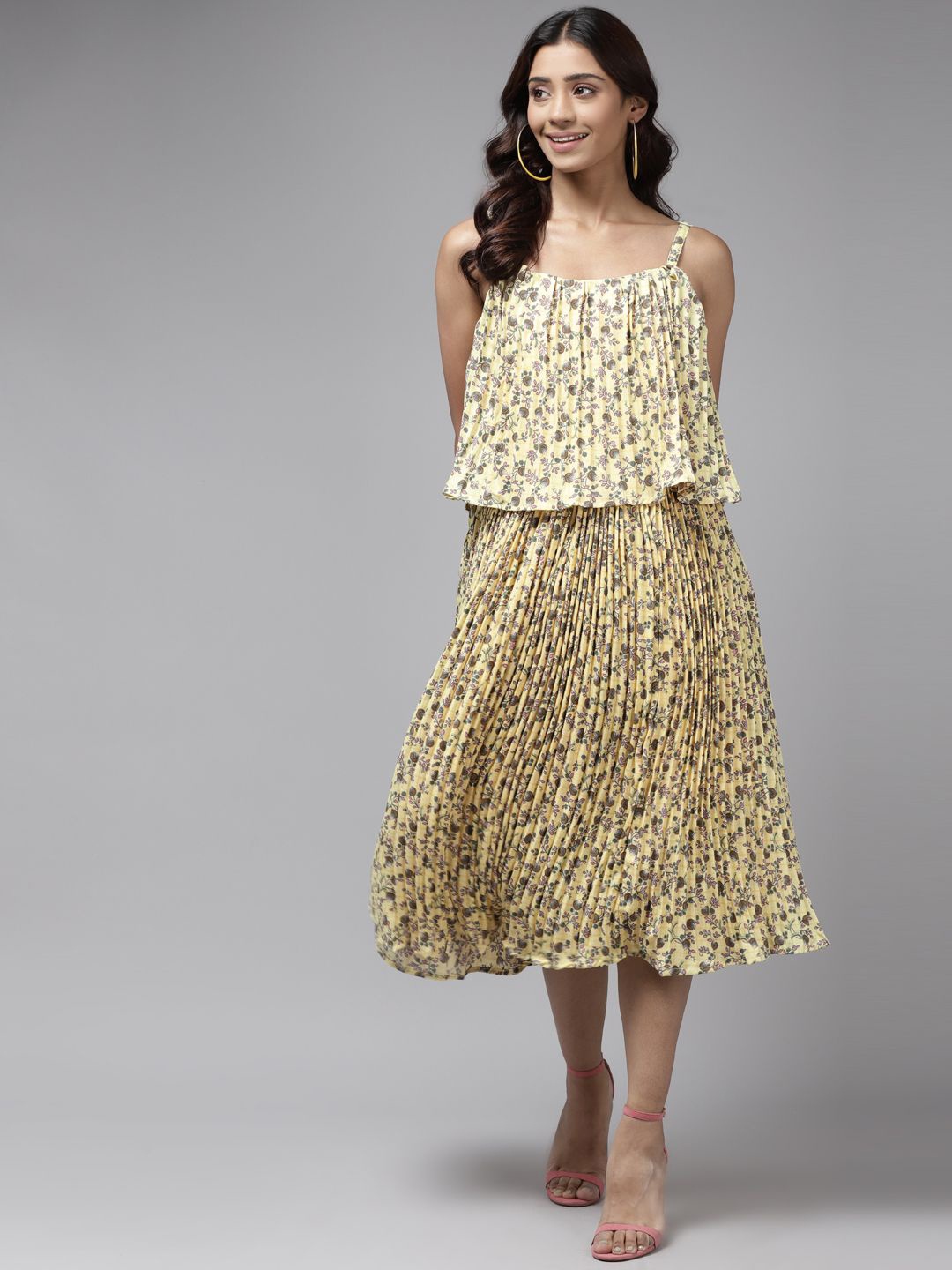 

BAESD Women Floral Print Georgette A-Line Midi Dress, Yellow