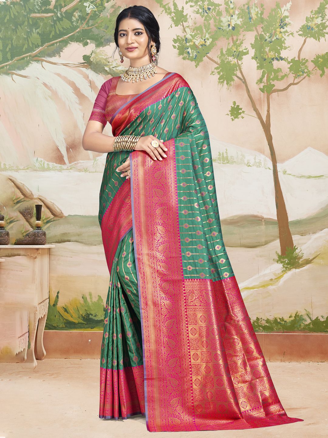 

SANGAM PRINTS Woven Design Zari Tussar Saree, Teal