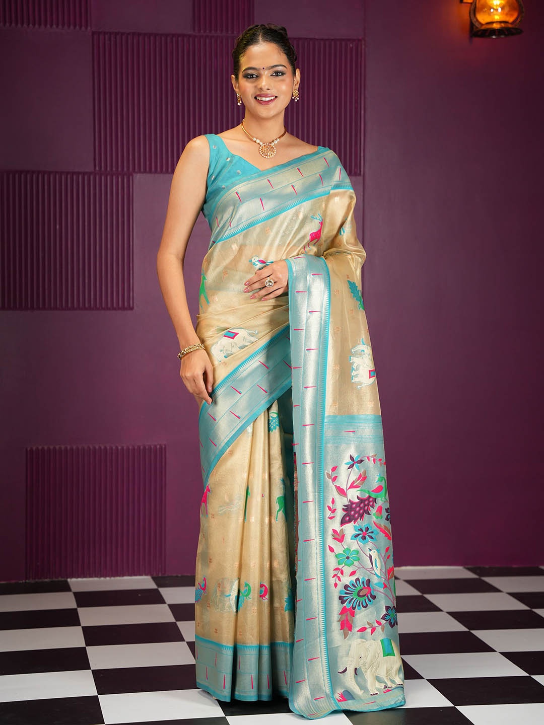 

MIMOSA Woven Design Zari Banarasi Saree With Blouse Piece, Turquoise blue