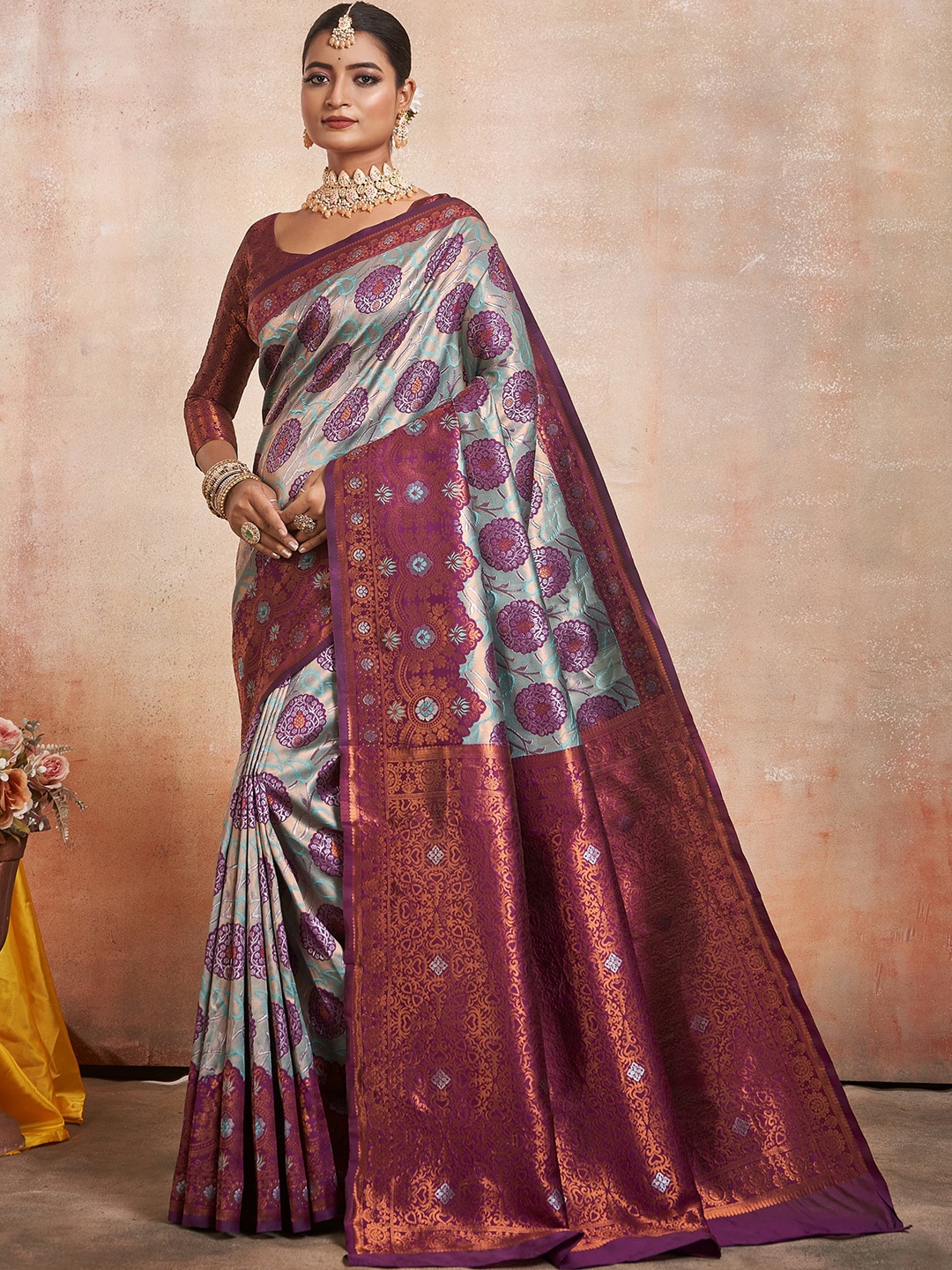 

HANDSEL Woven Design Zari Pure Silk Banarasi Saree, Purple