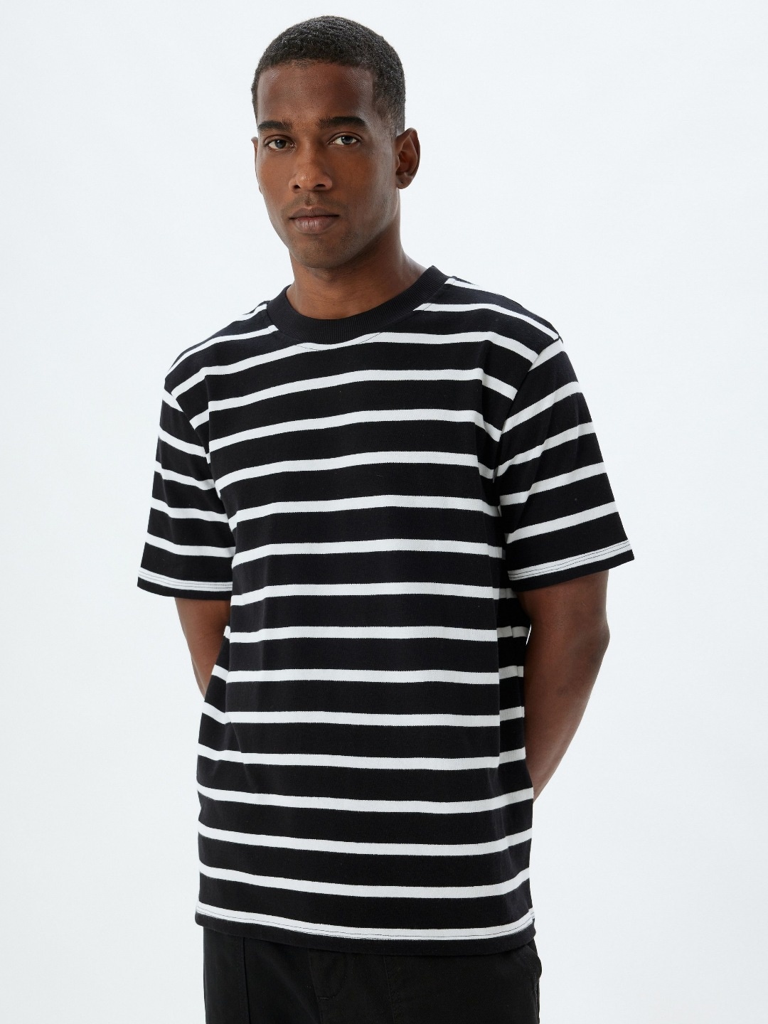 

Koton Men Striped Round Neck Cotton T-shirt, Black