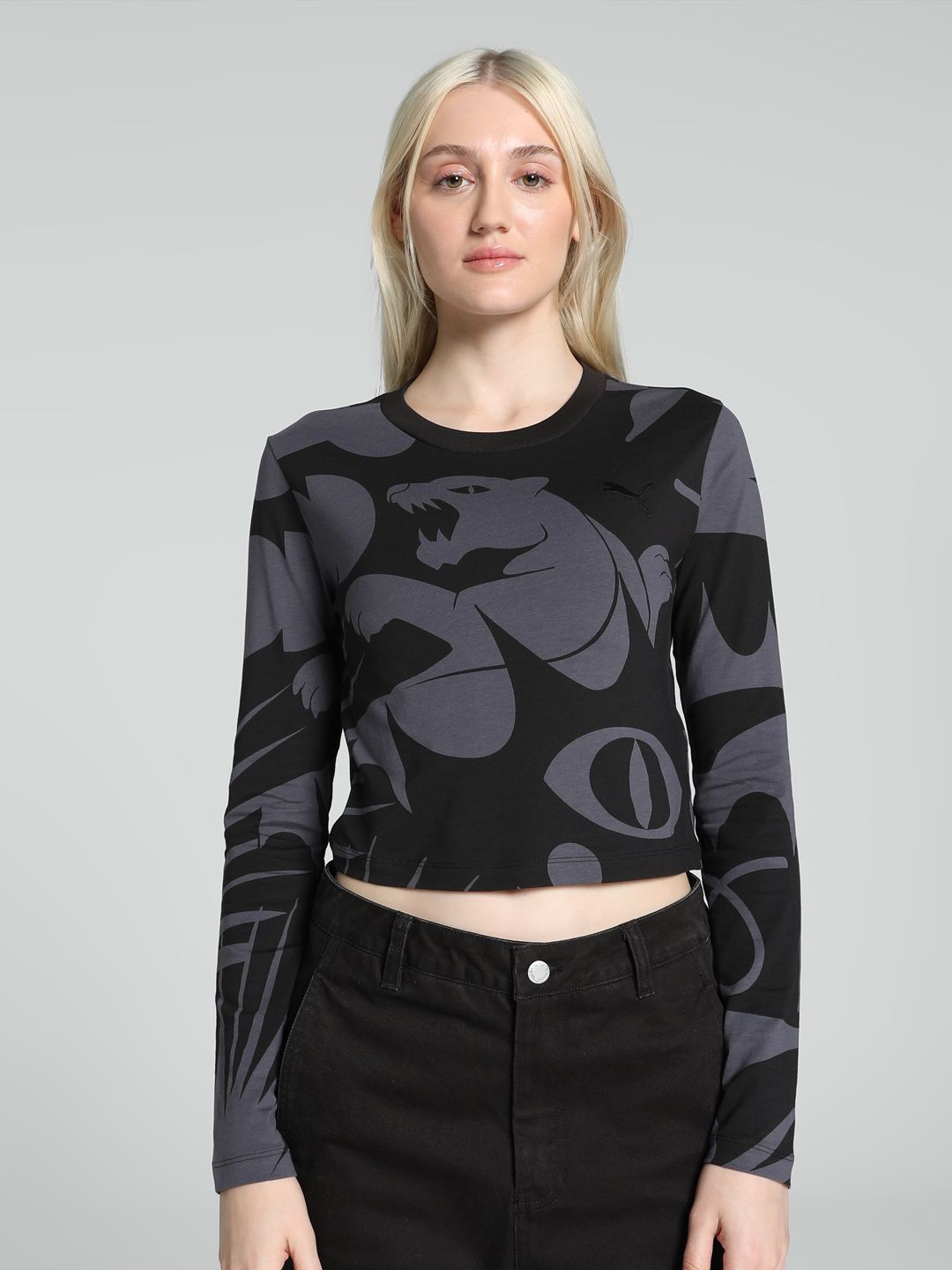 

Puma Women Abstract Printed Slim Fit Crop Cotton T-shirt, Black