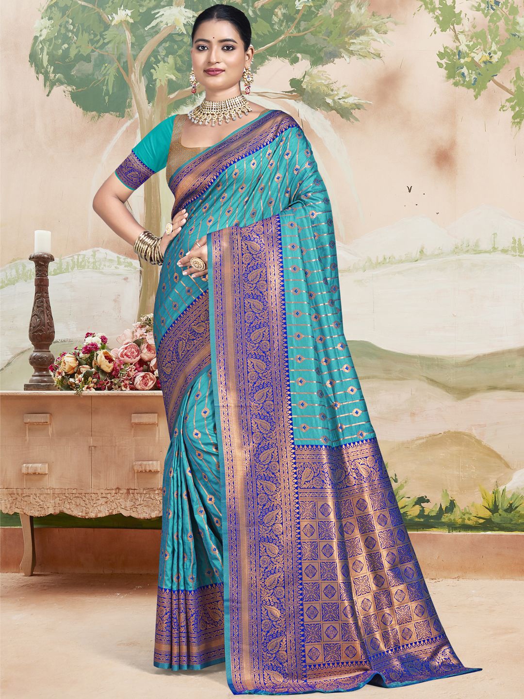 

SANGAM PRINTS Woven Design Zari Tussar Saree, Turquoise blue