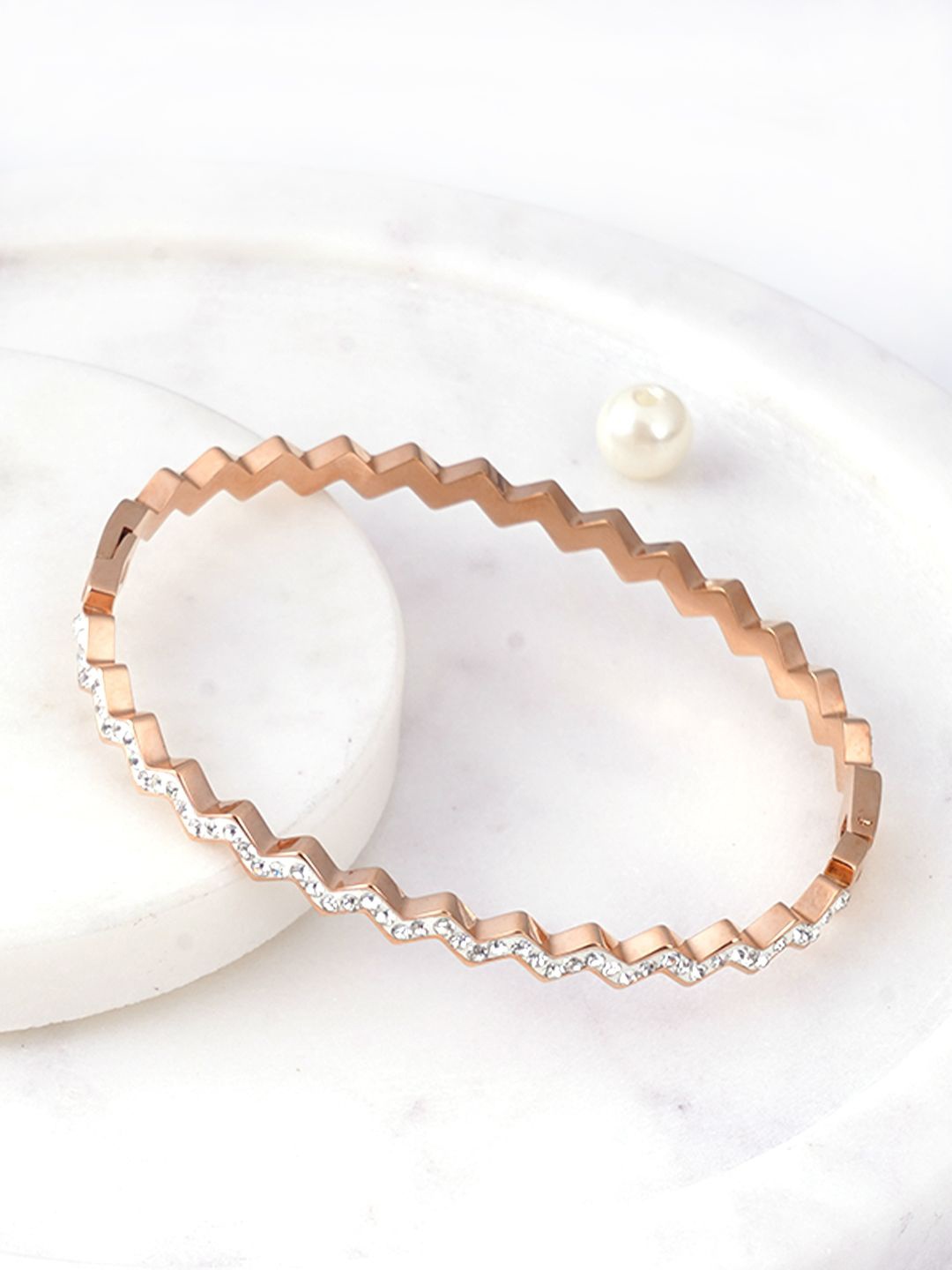 

Adwitiya Collection Rose Gold-Plated Stary Waves Stone Studded Bangle-Style Bracelet