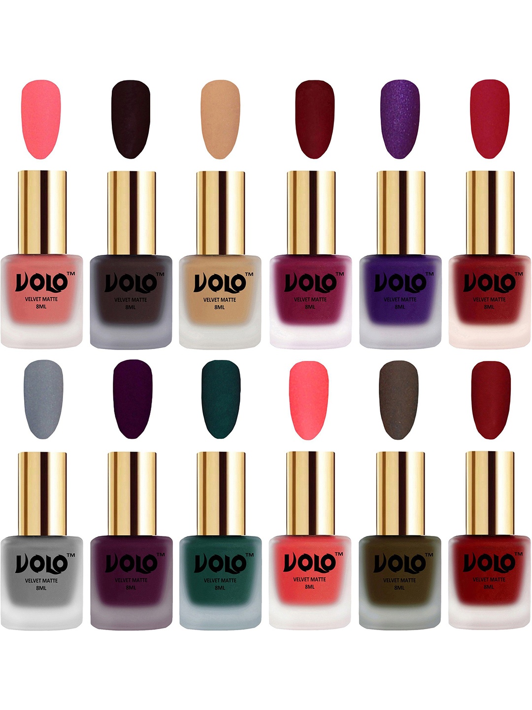 

VOLO Set Of 12 Velvet Matte Nail Polish - 8 ml Each -Wine-Red-Purple-Olive-Brown-Grey-Nude