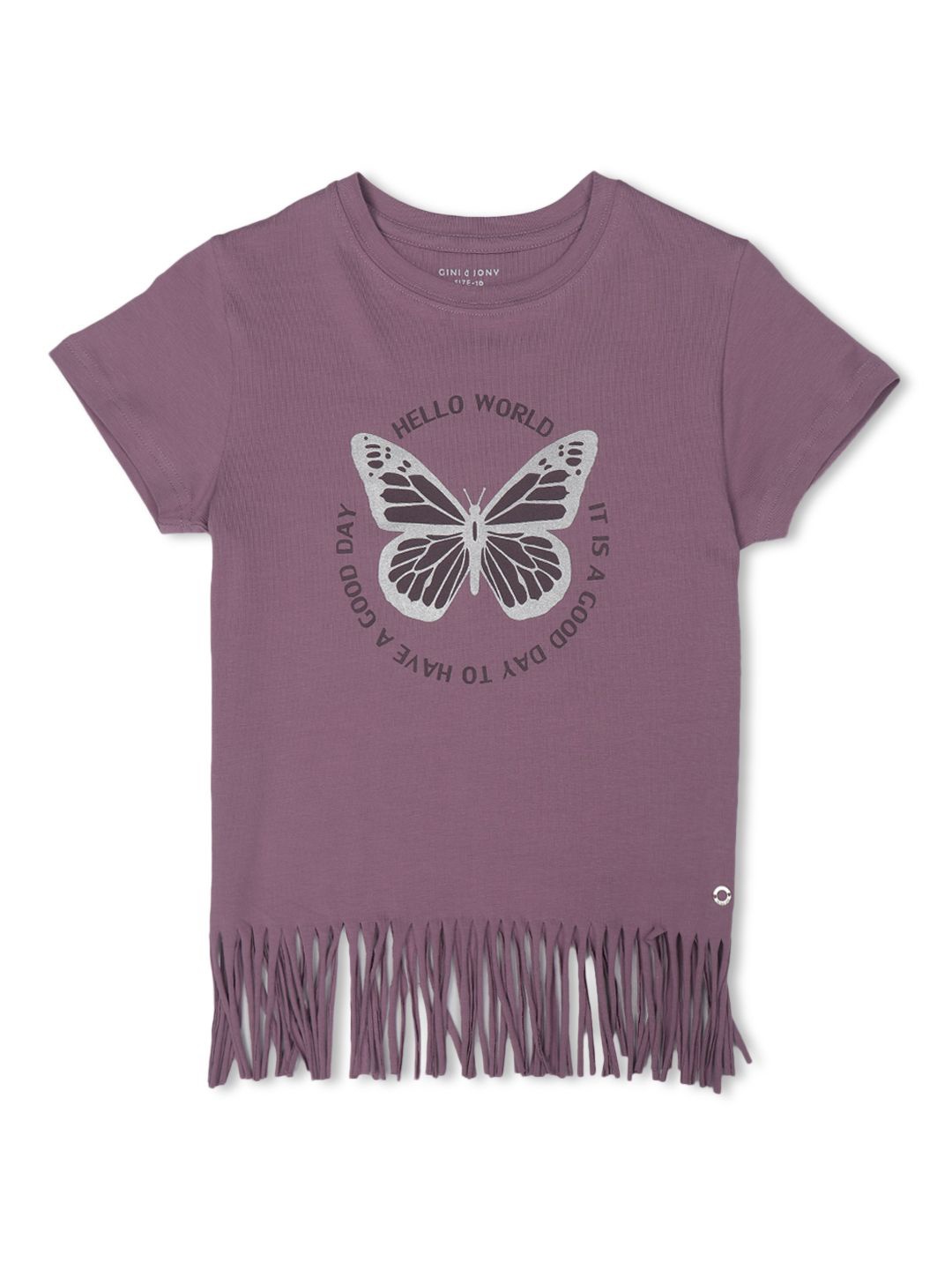 

Gini and Jony Girls Graphic Printed Fringed Cotton Top, Mauve