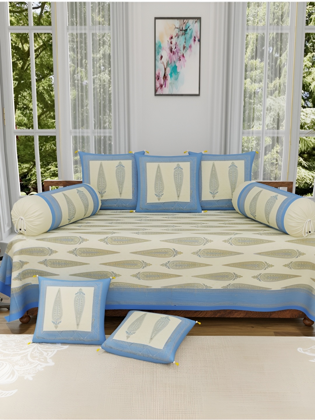 

The Craft Monk Beige & Blue 8 Pieces Ethnic Motifs Printed Pure Cotton Diwan Set
