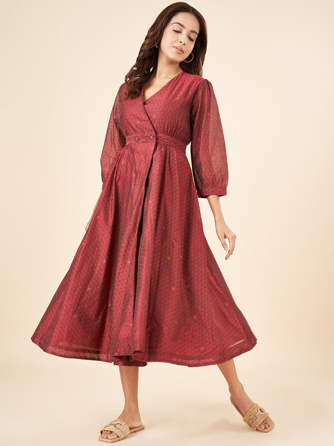 

AKKRITI BY PANTALOONS Printed Puff Sleeve Wrap Midi Dress, Rust