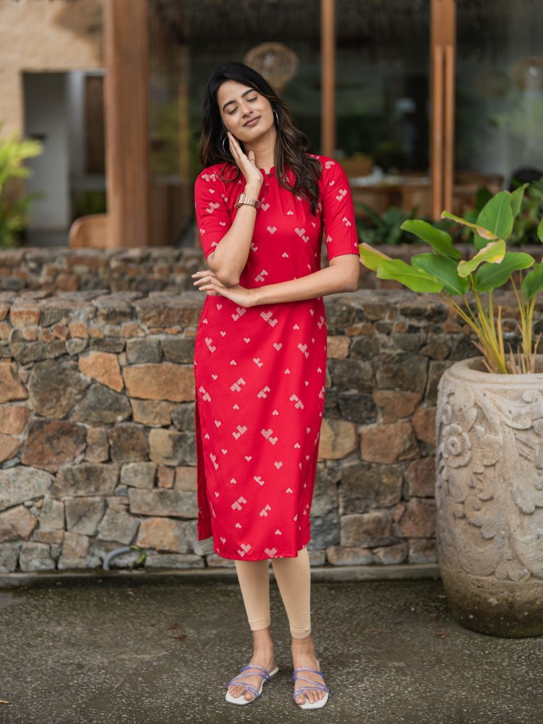 

HAY Geometric Printed Liva Straight Kurta, Red