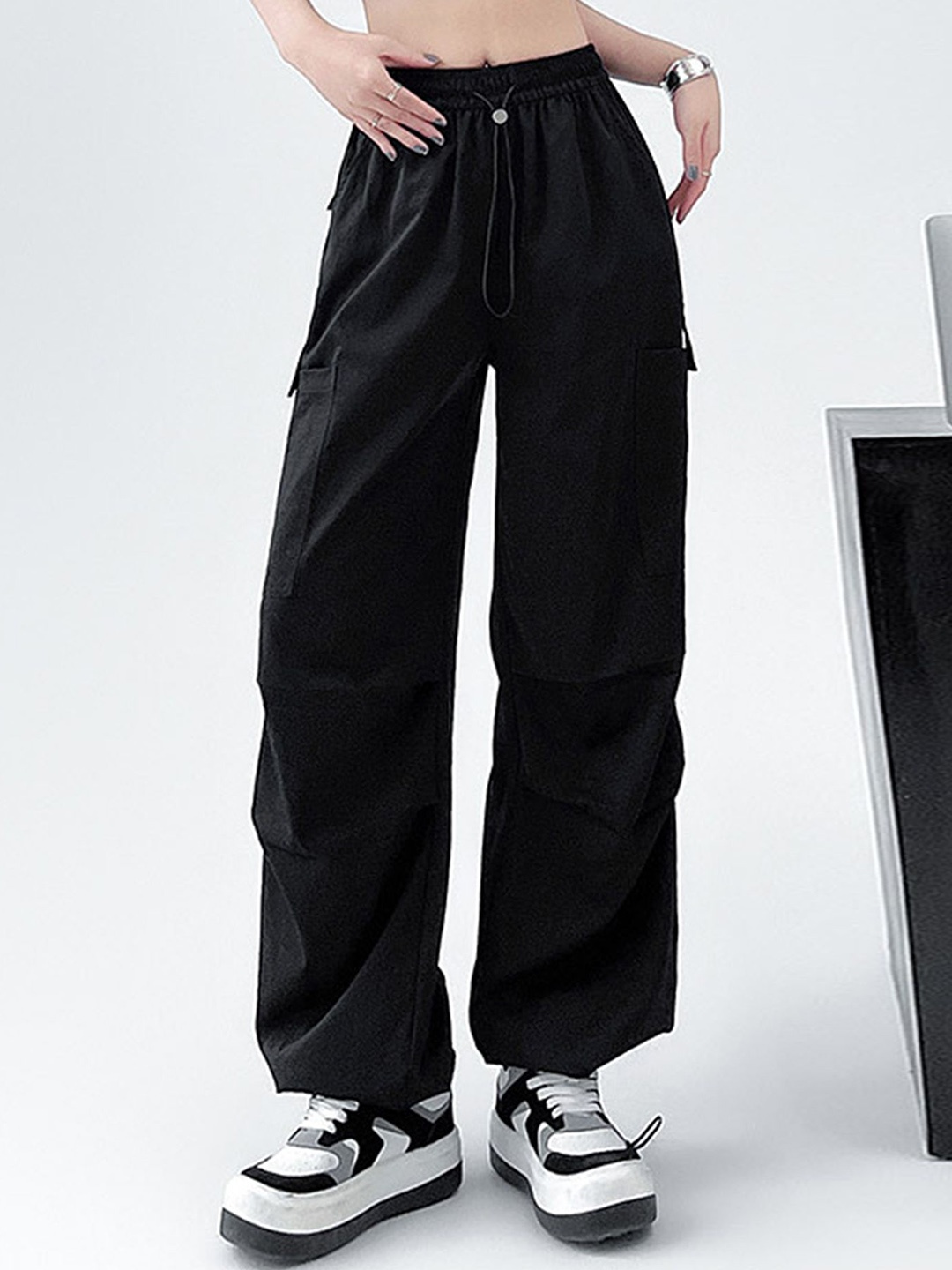 

LULU & SKY Women Solid Flared High-Rise Trousers, Black