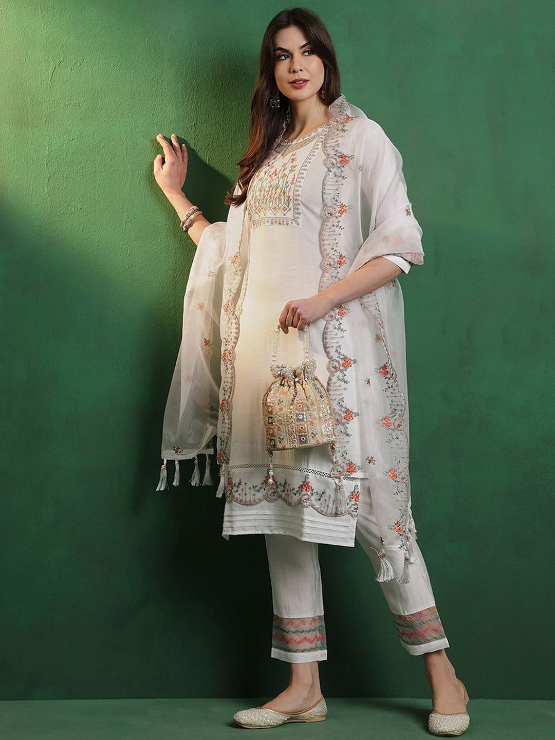 

Sangria Women Sequence Embroidered Kurta With Trousers & Dupatta, White