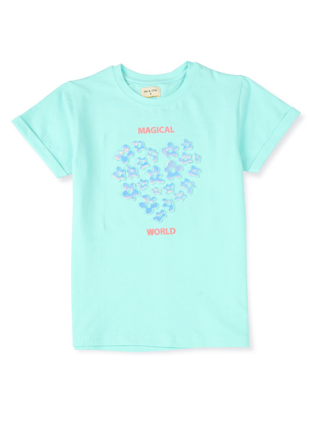 

Gini and Jony Girls Floral Printed Round Neck Applique Cotton T-Shirt, Blue