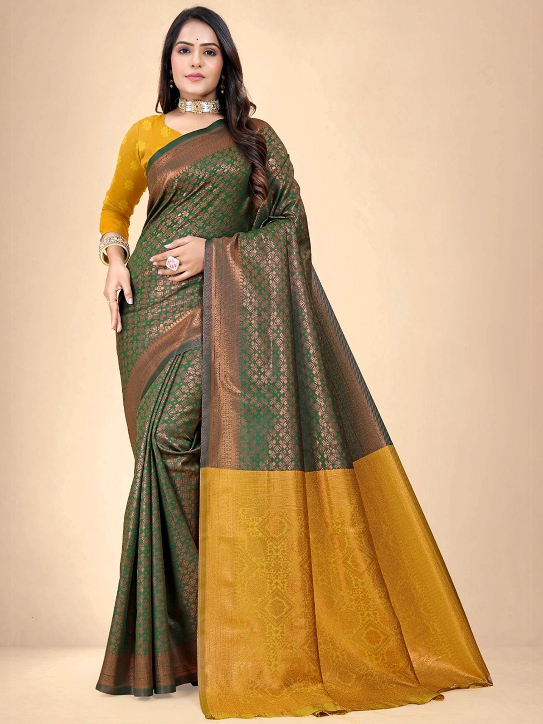 

Abhilasha Ethnic Motifs Woven Design Zari Pure Silk Designer Kanjeevaram Saree, Green