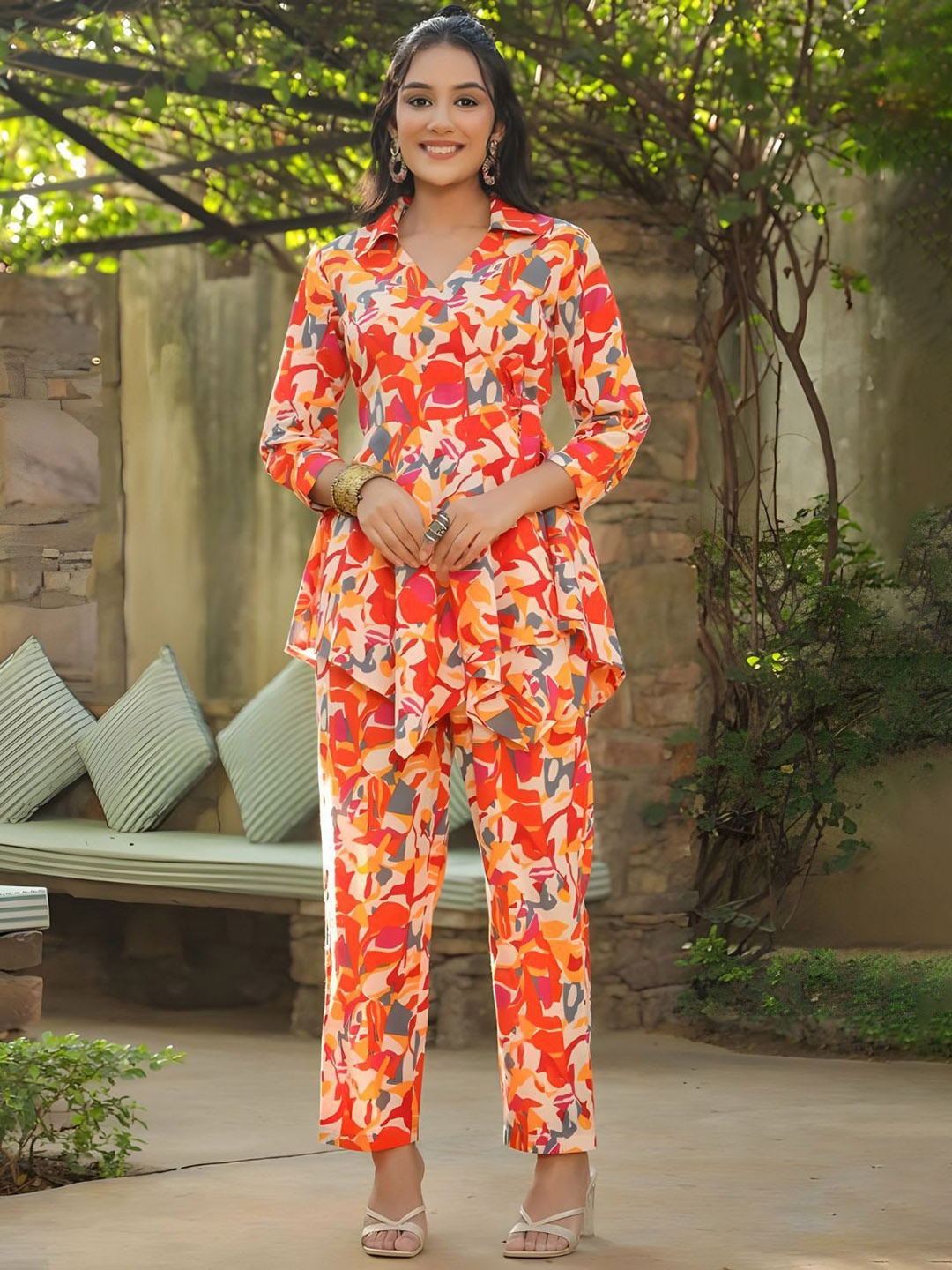 

NIJANAND TEXTILE Printed Pure Cotton Tunic & Trousers Co-Ord, Red