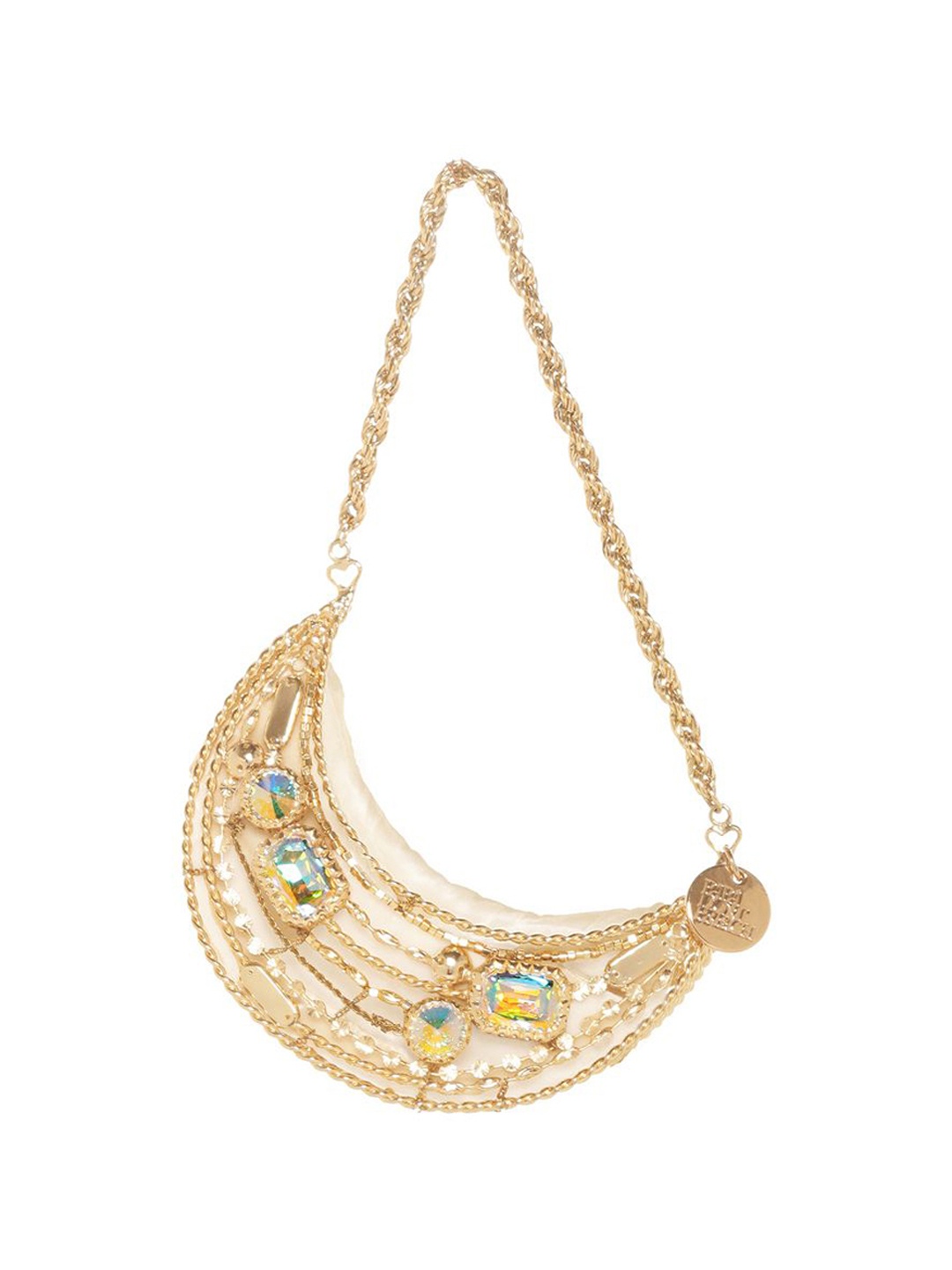 

Papa Don't Preach Embellished Half Moon Handheld Bag with Tasselled, Gold