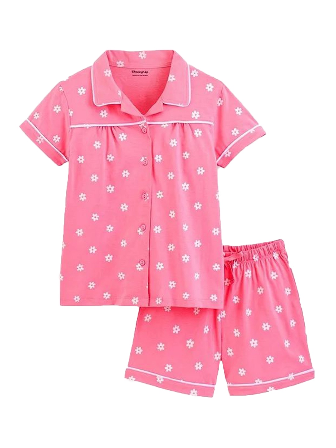 

Honeyhap Girls Shirt Collar Short Sleeves Night suit, Pink