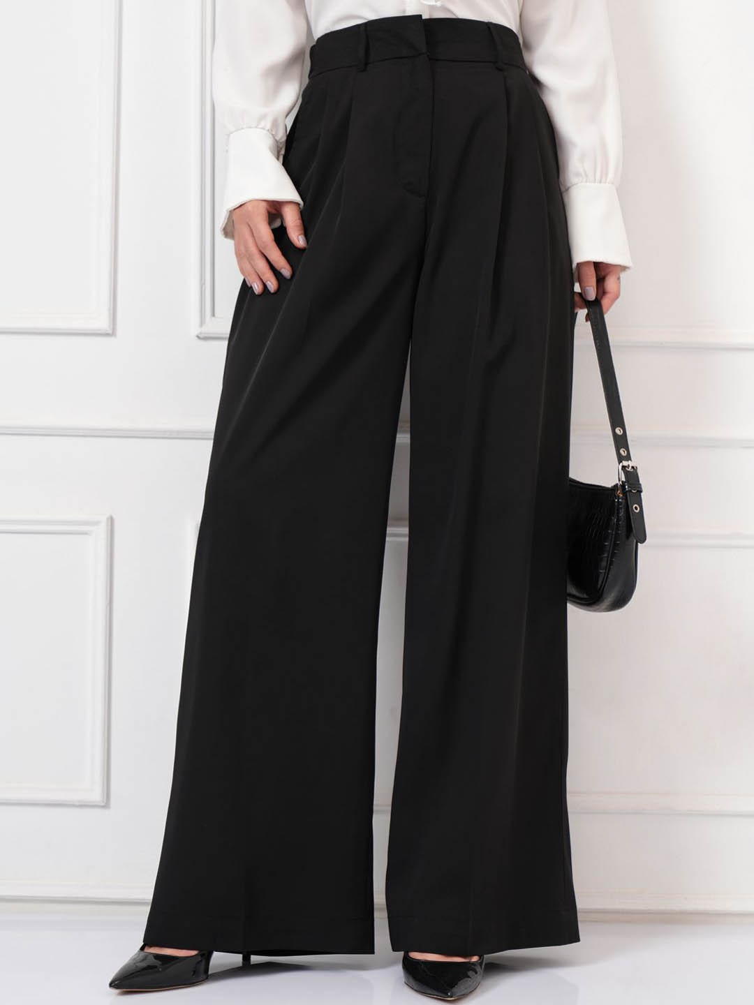 

Tokyo Talkies Women Flared Pleated Wide Leg Trousers, Black