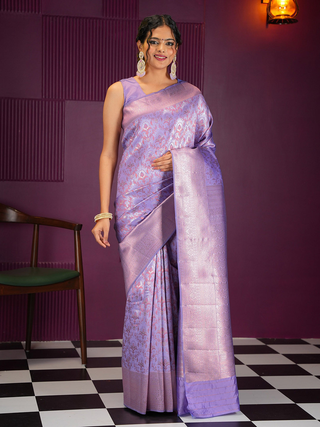

MIMOSA Floral Woven Design Zari Kanjeevaram Saree, Lavender
