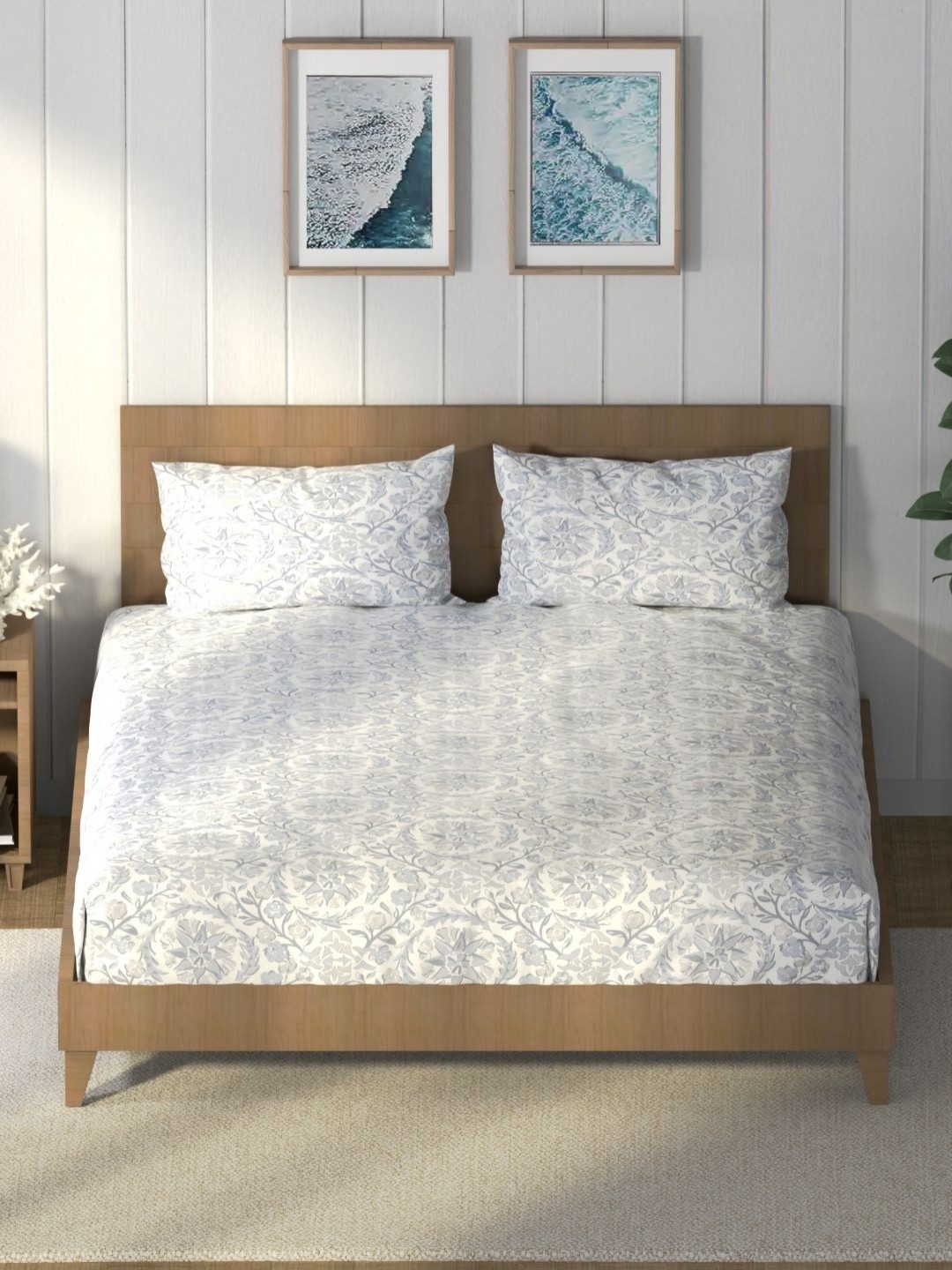 

Nautica Grey & White Floral Cotton 160 TC King Bedsheet with 2 Pillow Covers