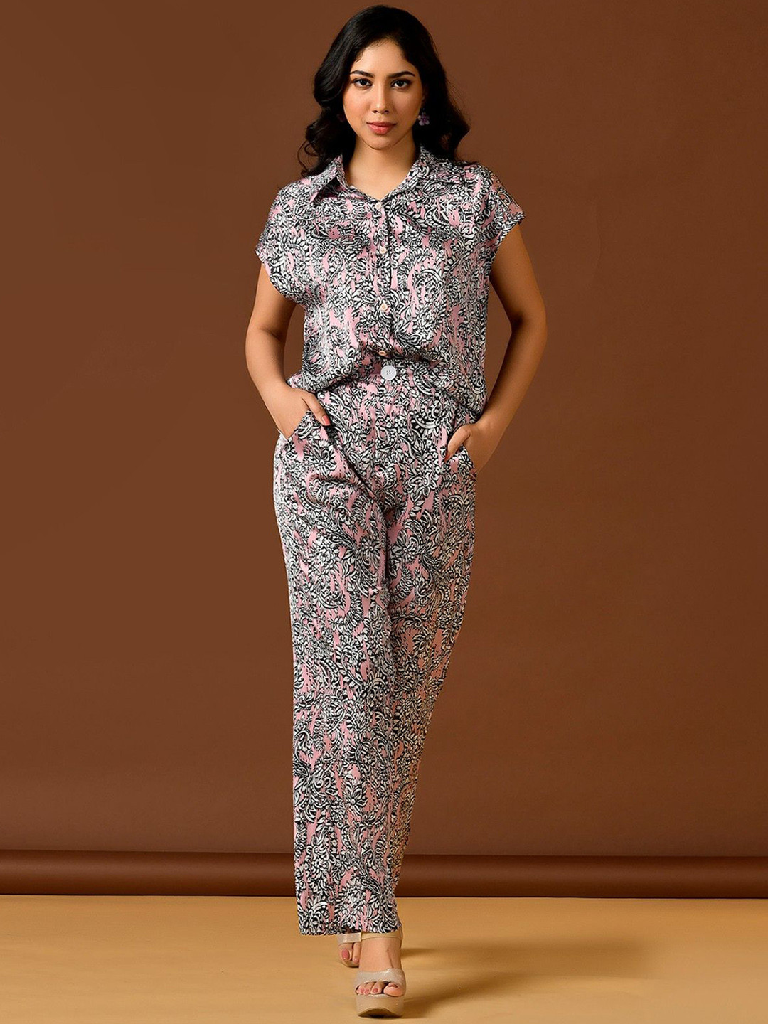 

Unityshop Printed Shirt With Trouser Co -Ords, Black