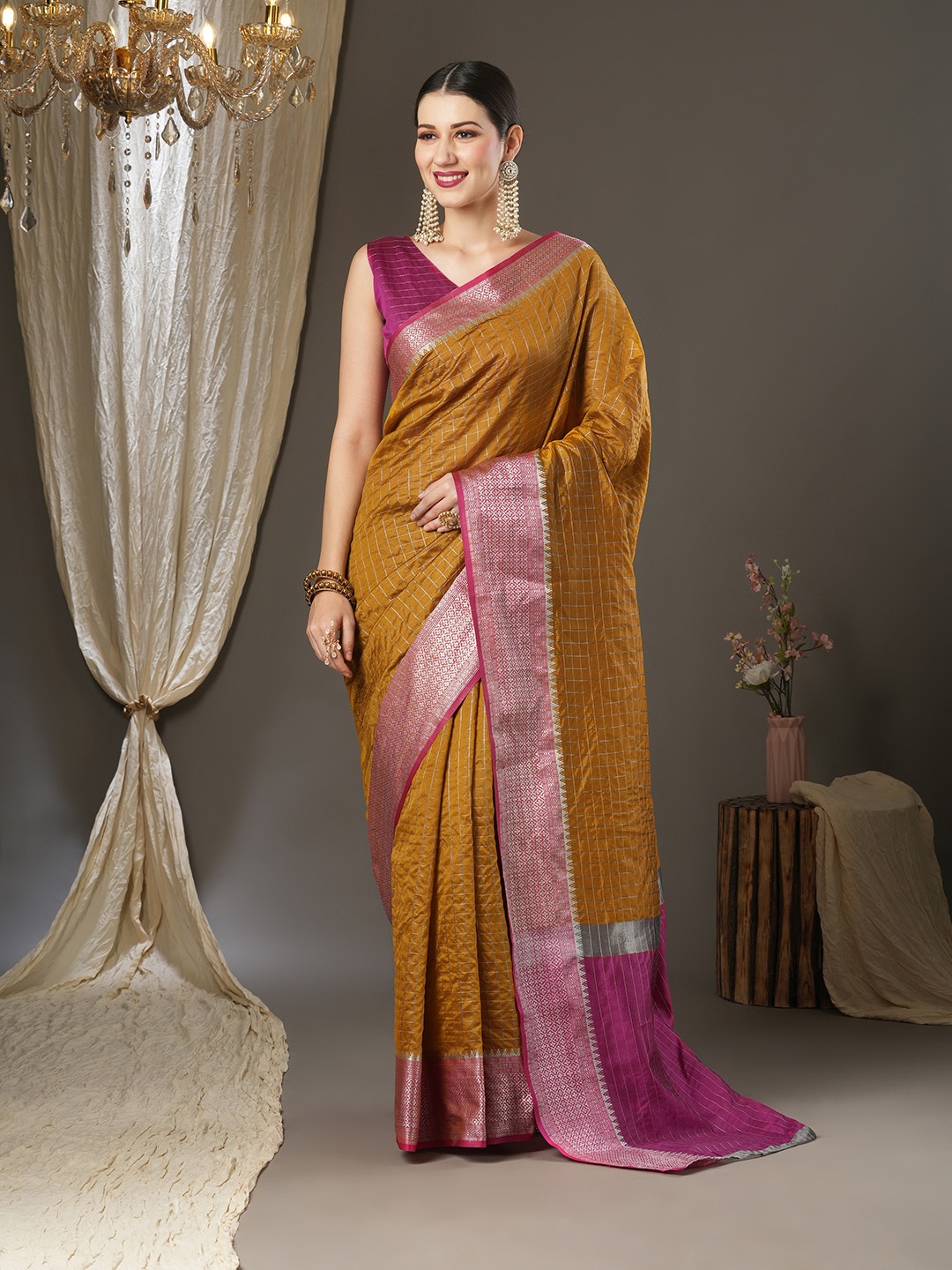 

KALINI Woven Design Zari Taant Saree, Mustard