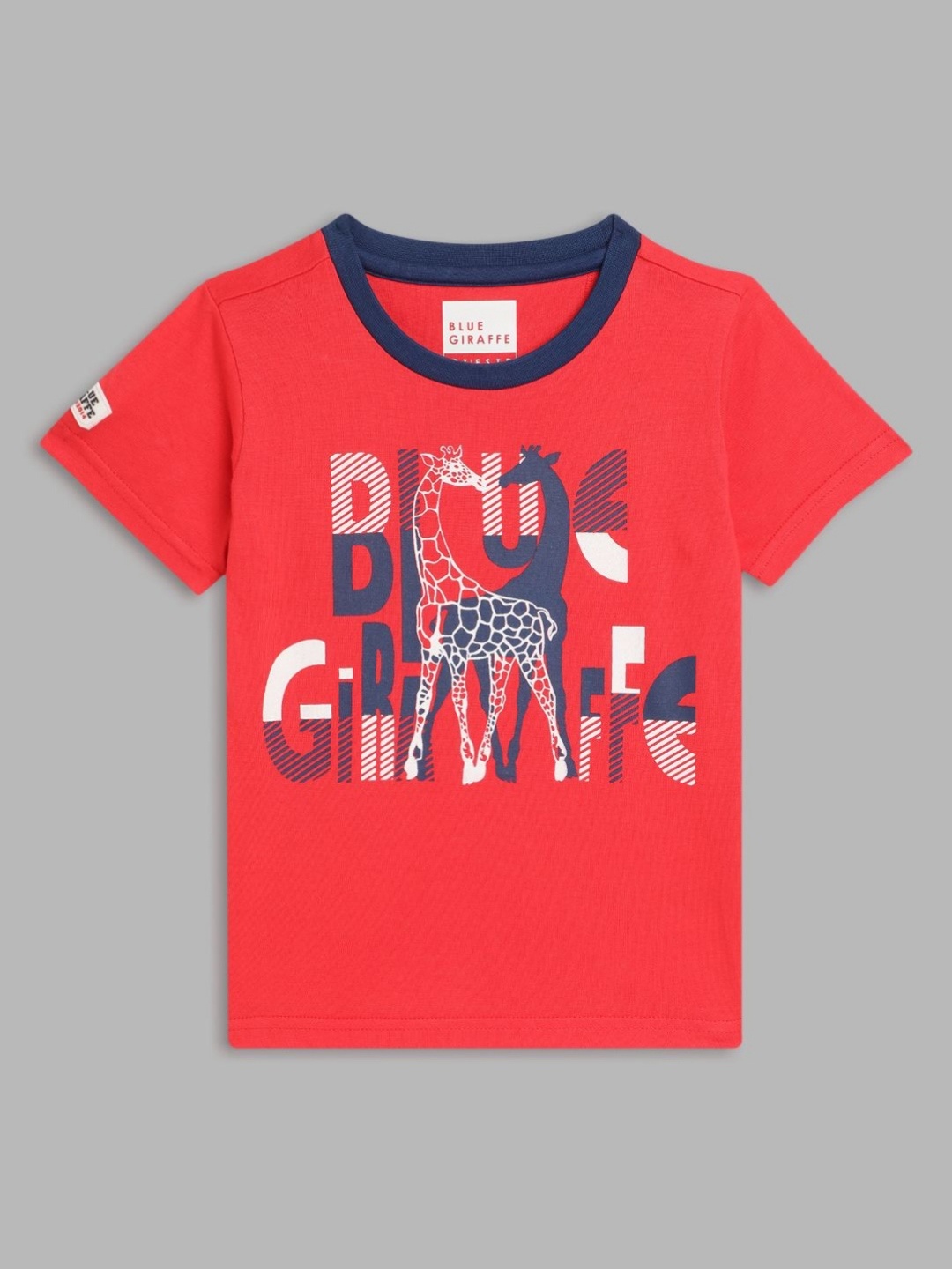 

Blue Giraffe Boys Graphic Printed Round Neck Cotton T-shirt, Red