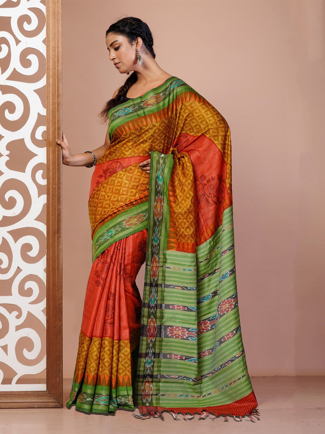 

Unnati Silks Printed Pure Silk Handloom Tussar Saree, Red
