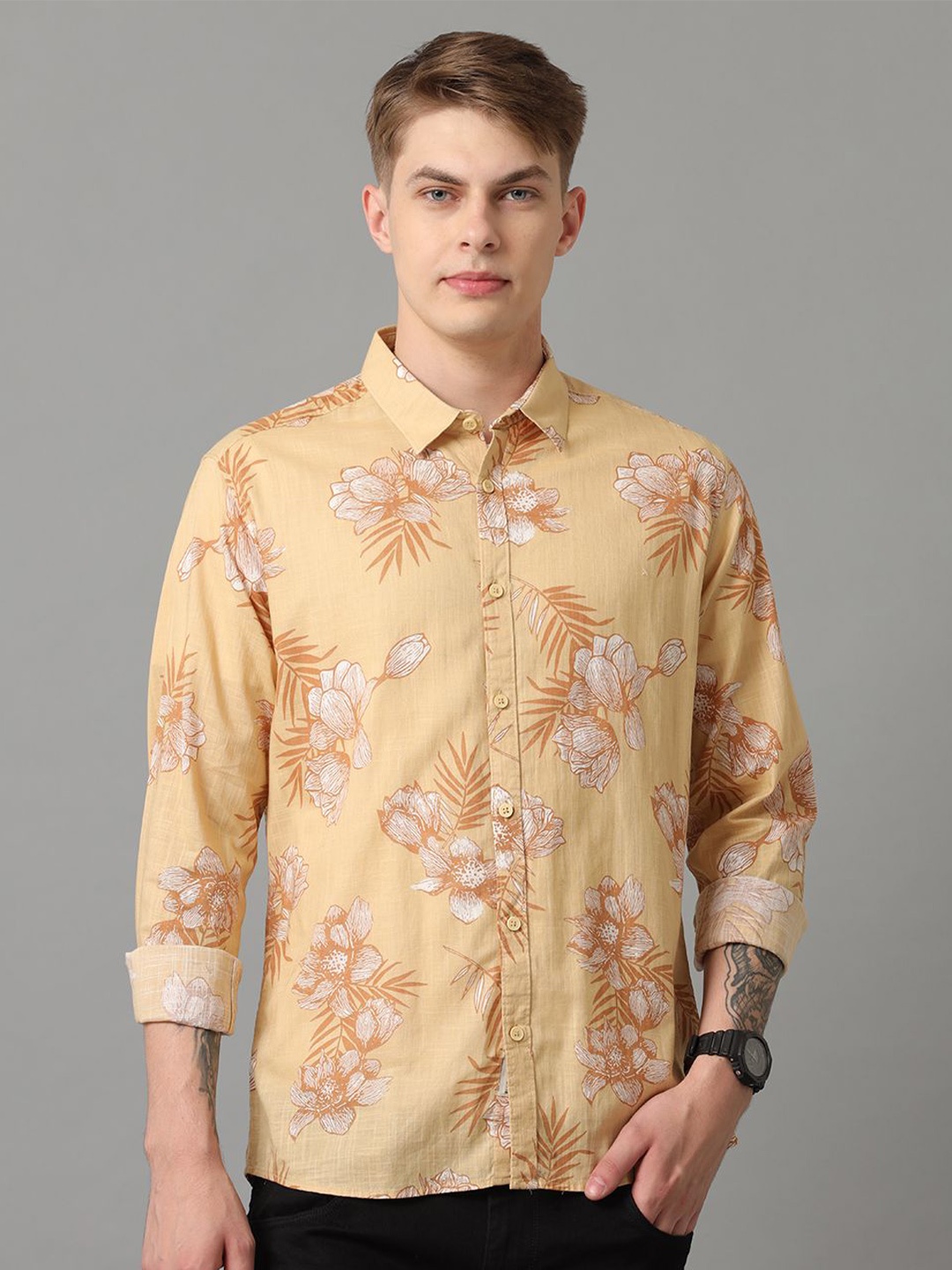 

Voi Jeans Men Spread Collar Floral Printed Cotton Slim Fit Casual Shirt, Beige