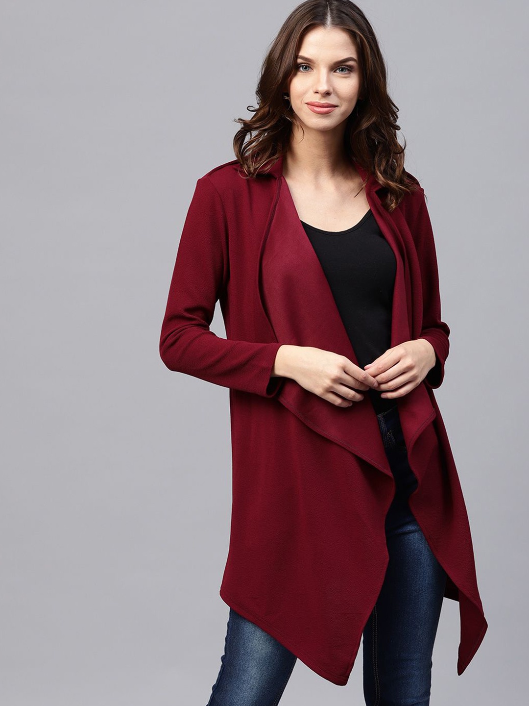 

Athena Women Solid Longline Waterfall Shrug, Maroon