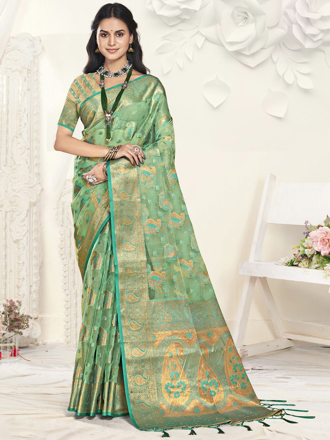 

SANGAM PRINTS Woven Design Zari Organza Tussar Saree, Turquoise blue