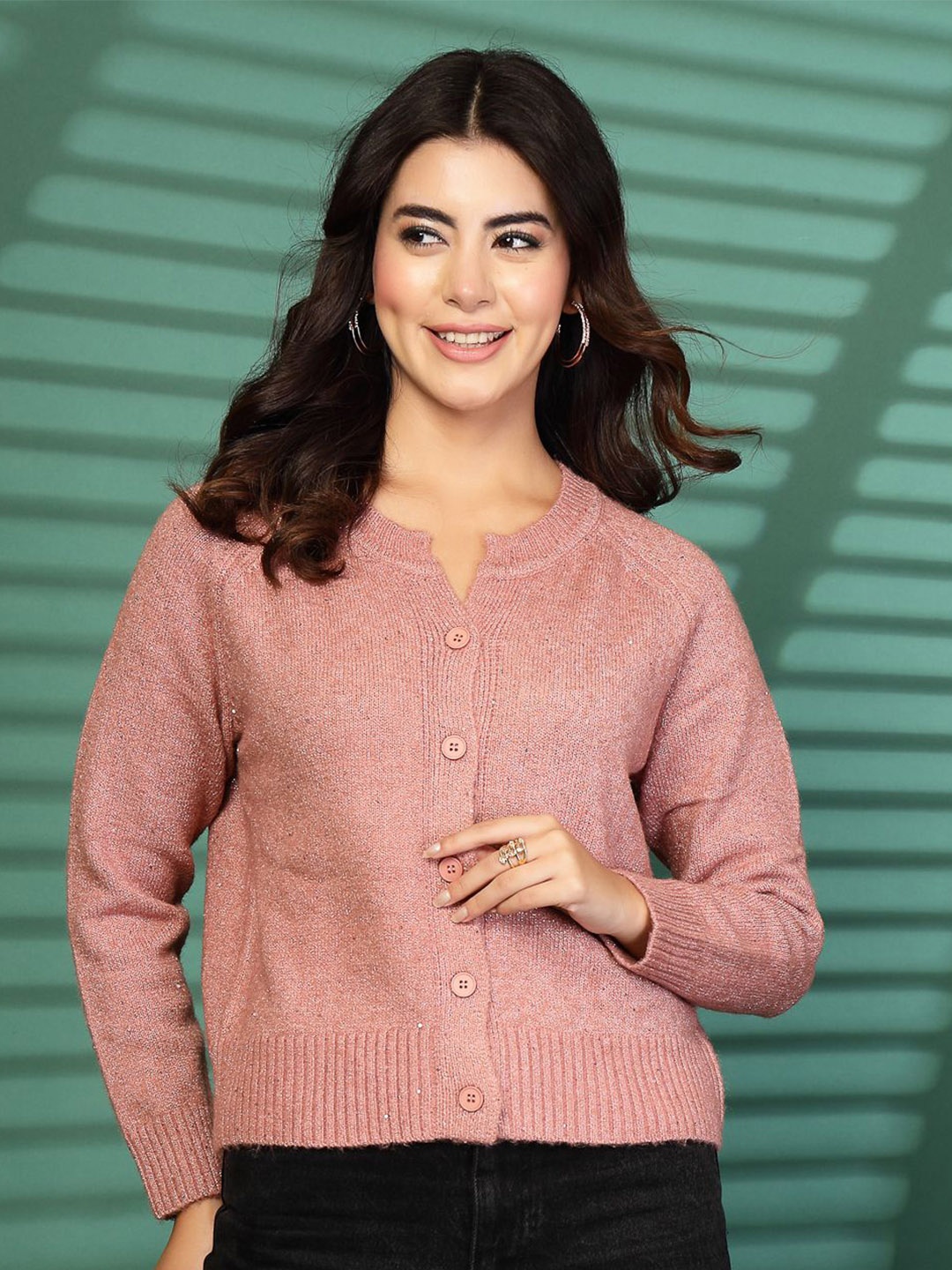 

Mafadeny Women Self Design Round Neck Front-Open Sweater, Coral
