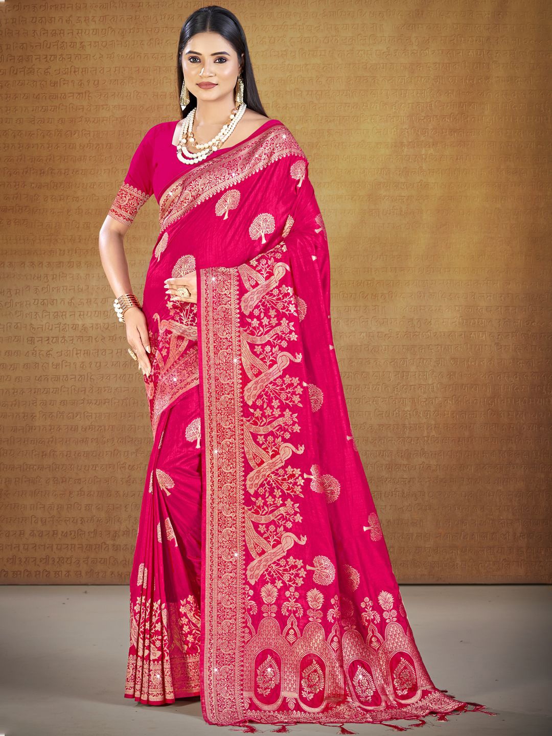 

SANGAM PRINTS Woven Design Tussar Saree With Zari Border, Pink